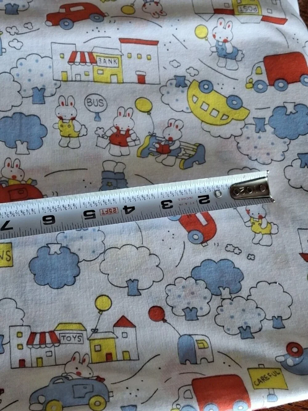 Vtg Knit Fabric Stretch Material - Blue Red Yellow Boy Bunnies Cars 1.25yd x 56